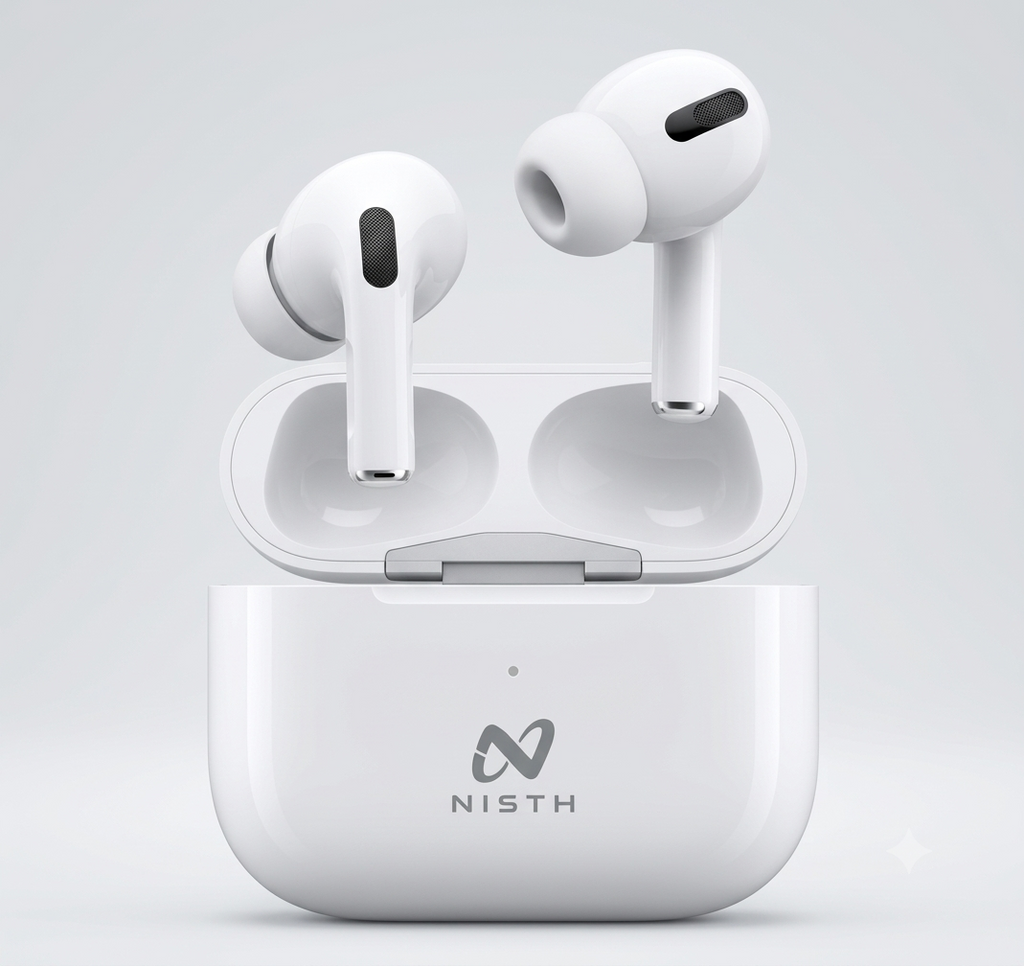 NISTH NB-S01 wireless earbuds in white charging case with NISTH logo