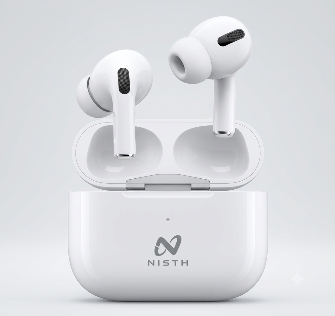 NISTH NB-S01 wireless earbuds in white charging case with NISTH logo