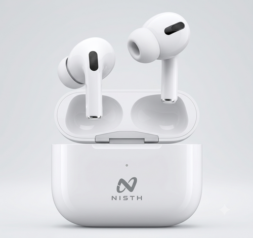 NISTH NB-S01 wireless earbuds in white charging case with NISTH logo